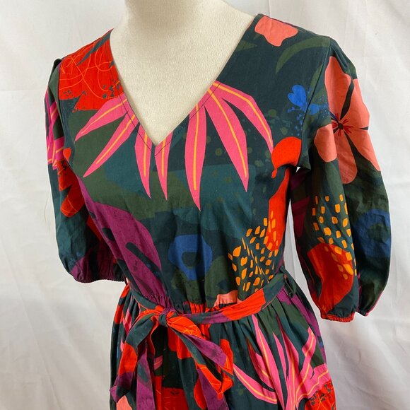 Maude Vivante Maxi Dress XS Half Sleeve Tie Waist Dark Green Pink Purple Red - Picture 7 of 15